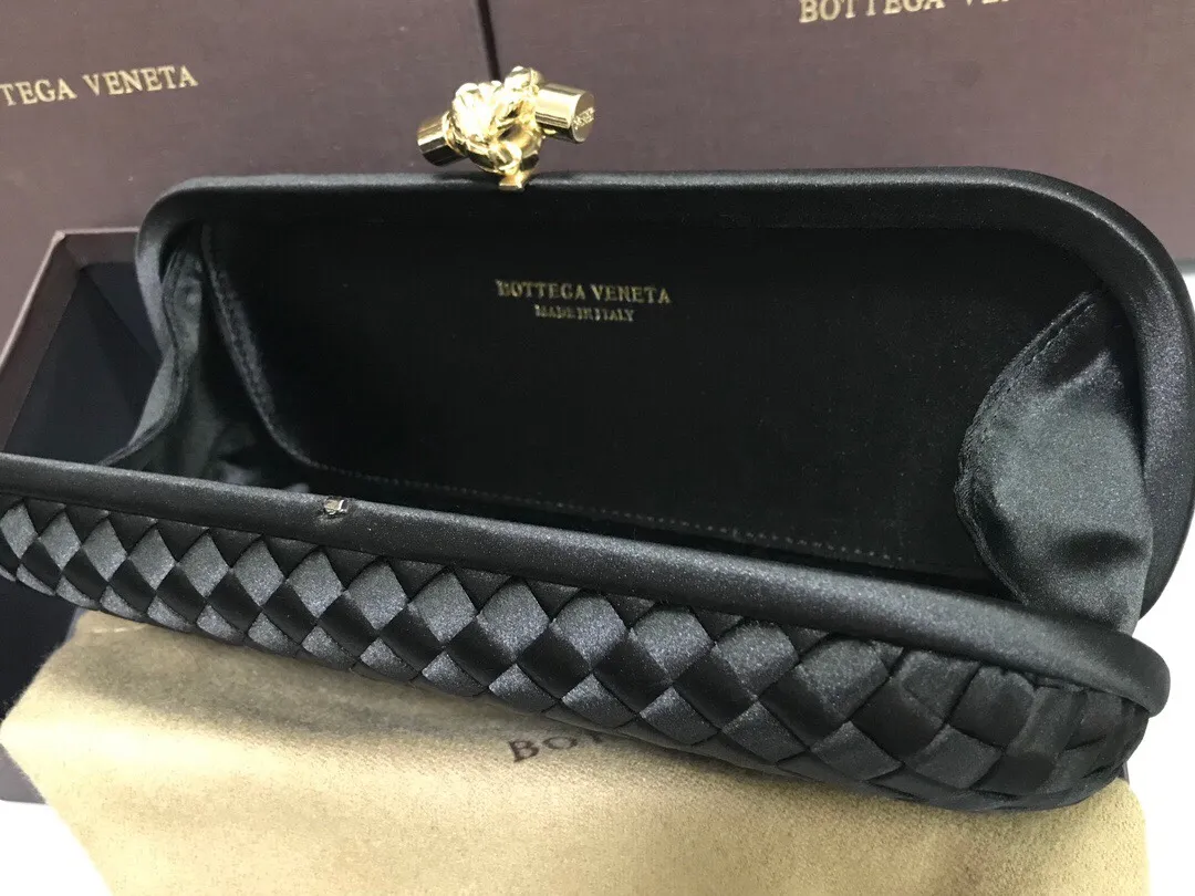 Style No. 8651, upgraded version of full silk evening bag inside and outside~~~INTRECCIATO woven IMPERO STRETCH KNOT clutch bag, hand-woven silk, smooth satin piping, Intrecciato engraved metal buckle, silk satin lining. Large size: 25cm*10cm*5cm
